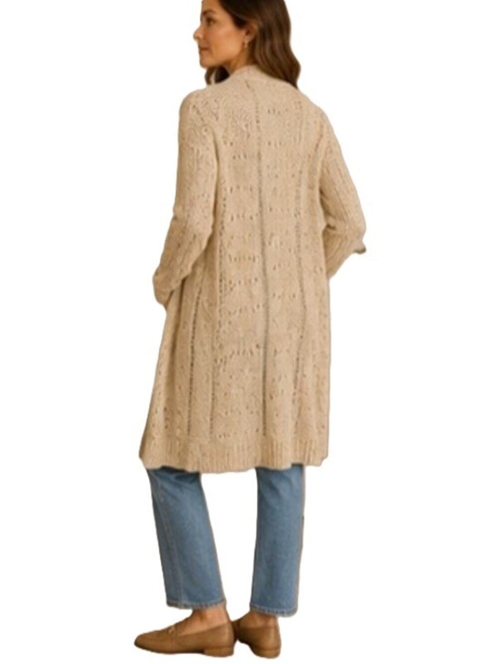 Tommy Bahama Womens Long Open Front Cardigan Sweater Beige Knit Duster Coastal